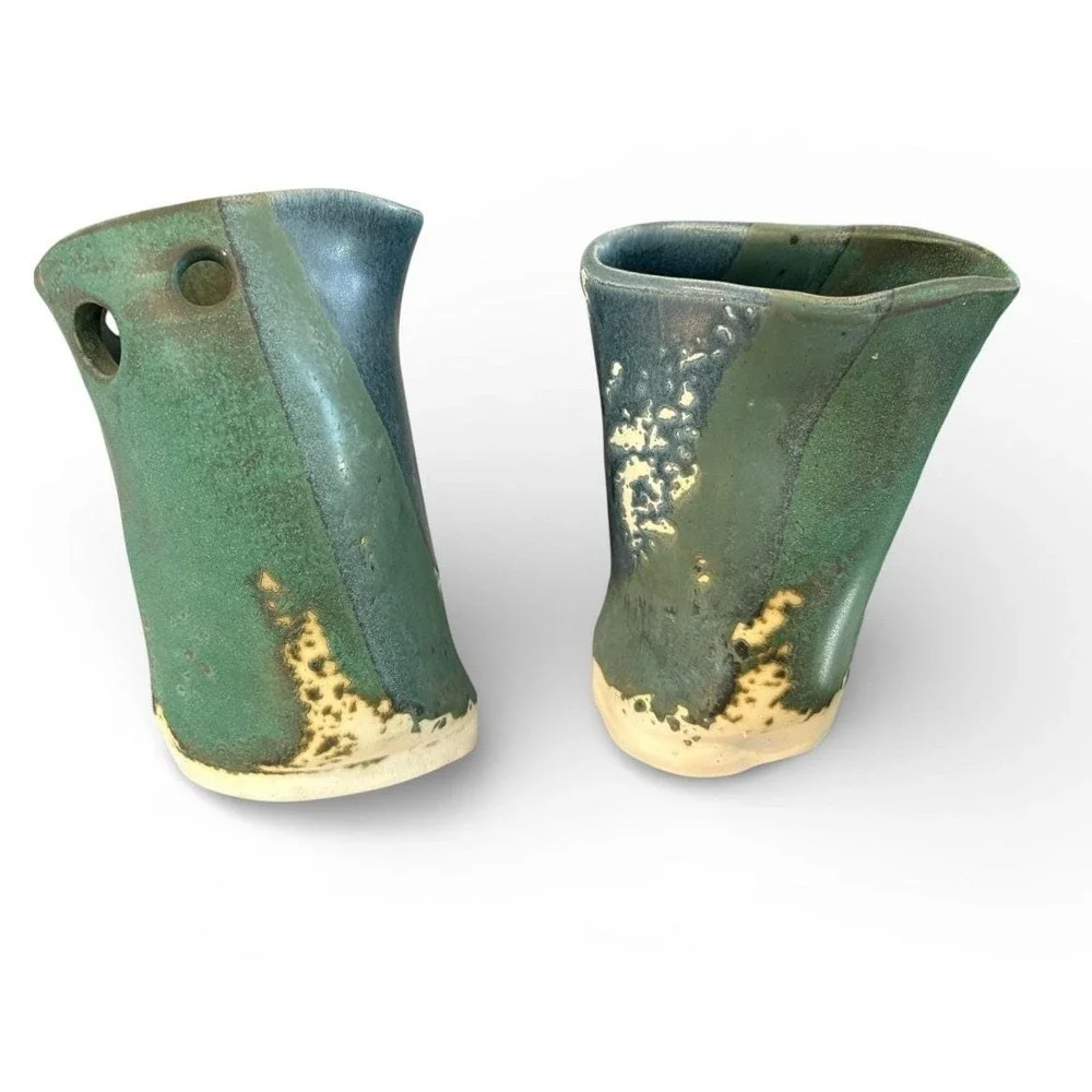 Dede Signed Studio Pottery Vases Set of 2 Teal Green Blue Glazed Stoneware